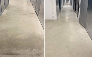Før og etter vask og behandling av betong gulv i bod arealer